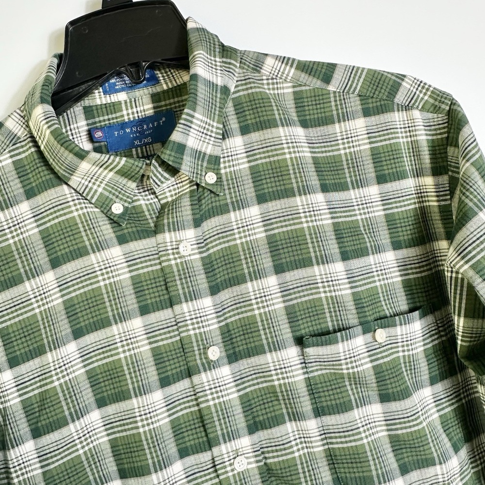 Towncraft Mens Size‎ XL Green Plaid Button Front Shirt Wrinkle Free Vintage